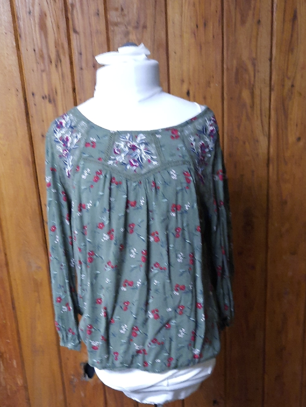 Embroidered Olive Green Floral Peasant Top